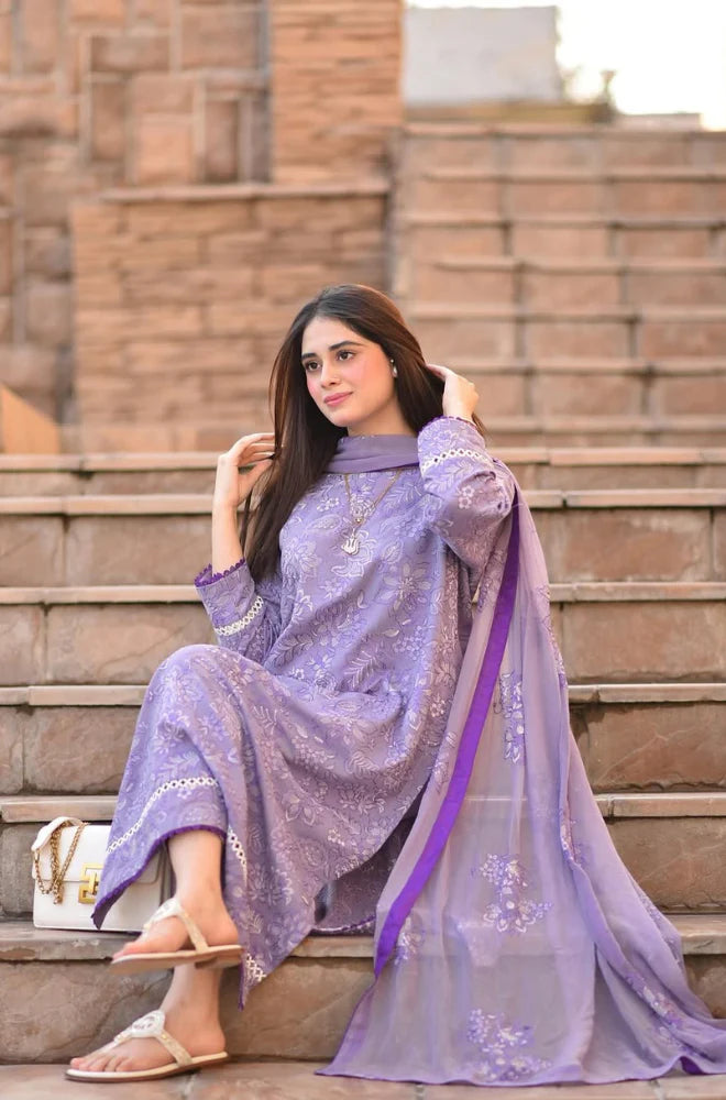 FULLY EMBROIDERED 3PC LAWN DRESS WITH CHIFFON EMBROIDERED DUPATTA- ABH-01