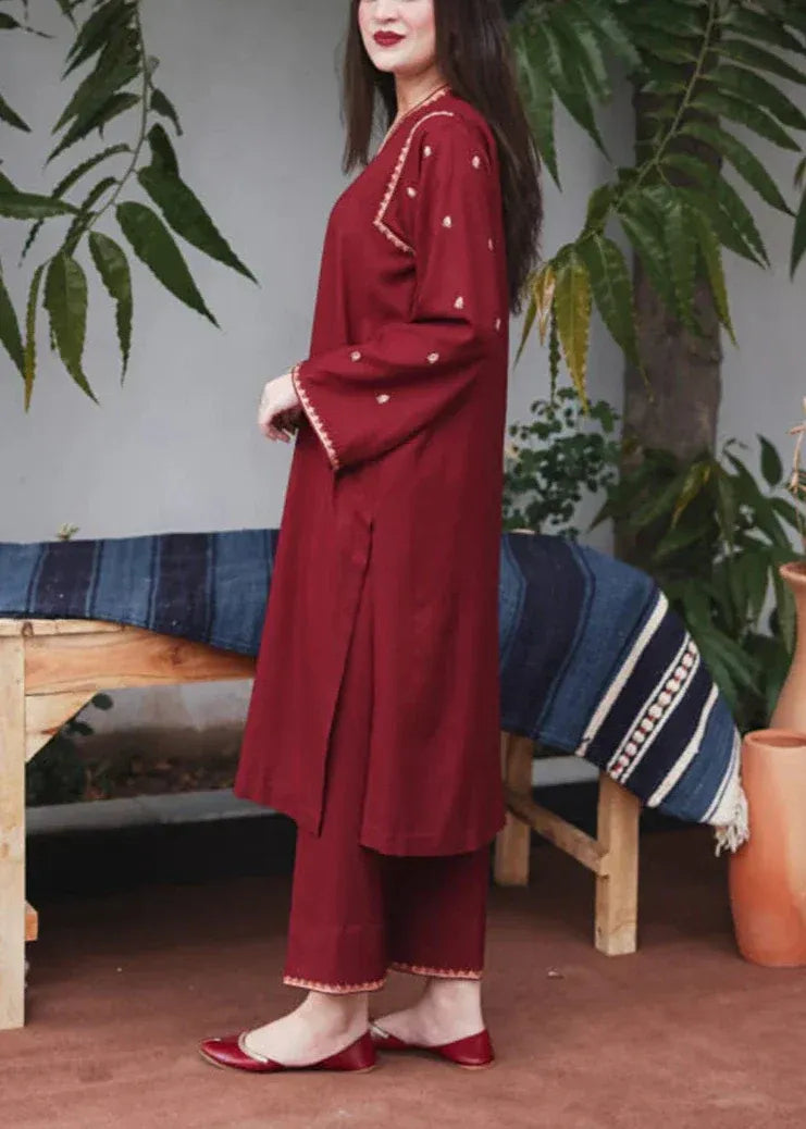 FULLY EMBROIDERED 3PC DHANAK DRESS WITH EMBROIDERED DHANAK SHAWL- ABH-45