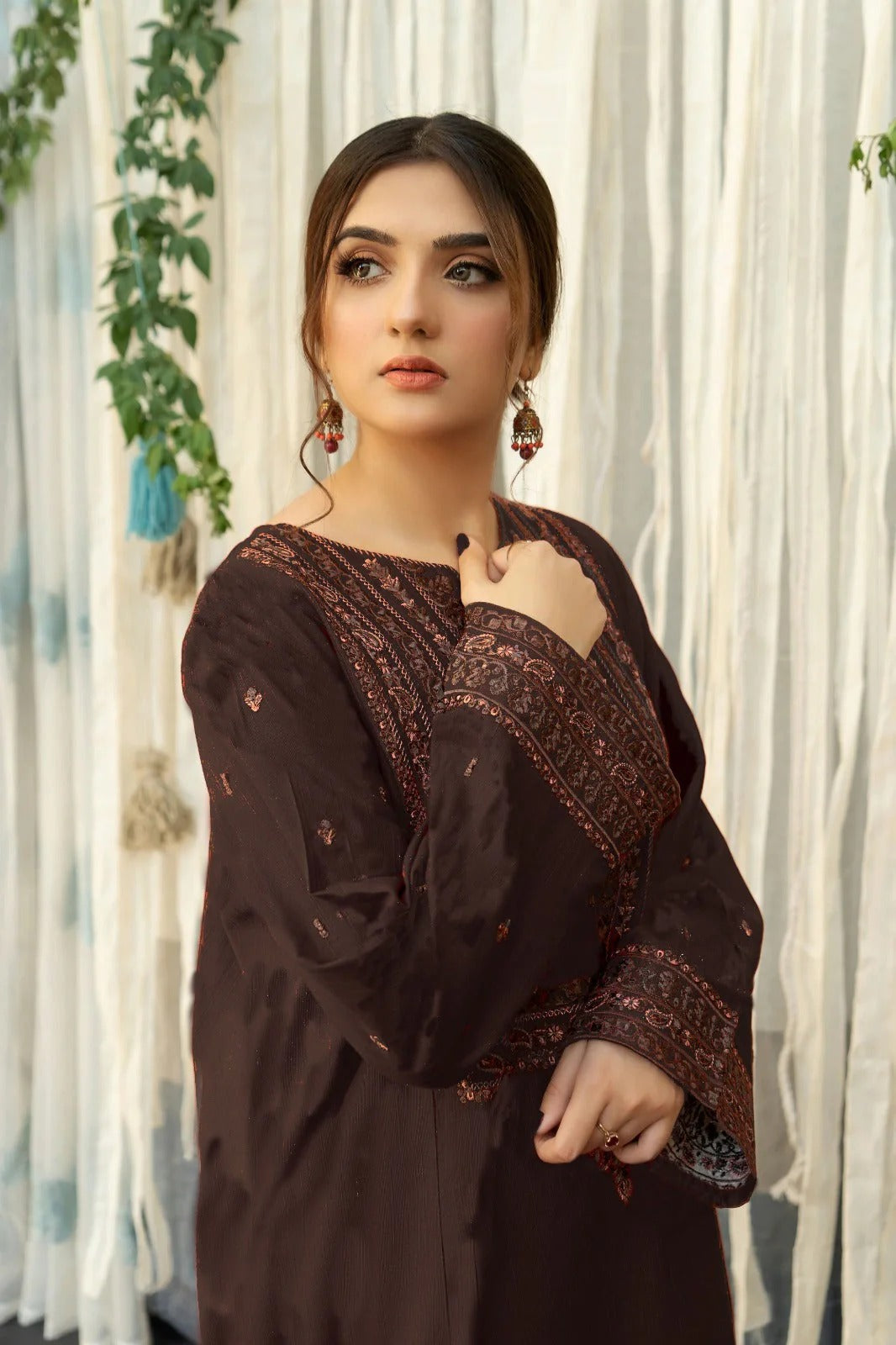 FULLY EMBROIDERED 3PC DHANAK DRESS WITH EMBROIDERED DHANAK SHAWL- ABH-33