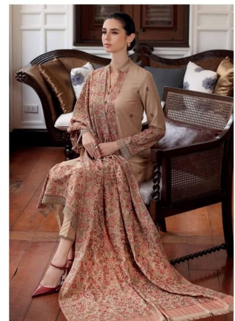 FULLY EMBROIDERED 3PC DHANAK DRESS WITH EMBROIDERED DHANAK SHAWL- ABH-50