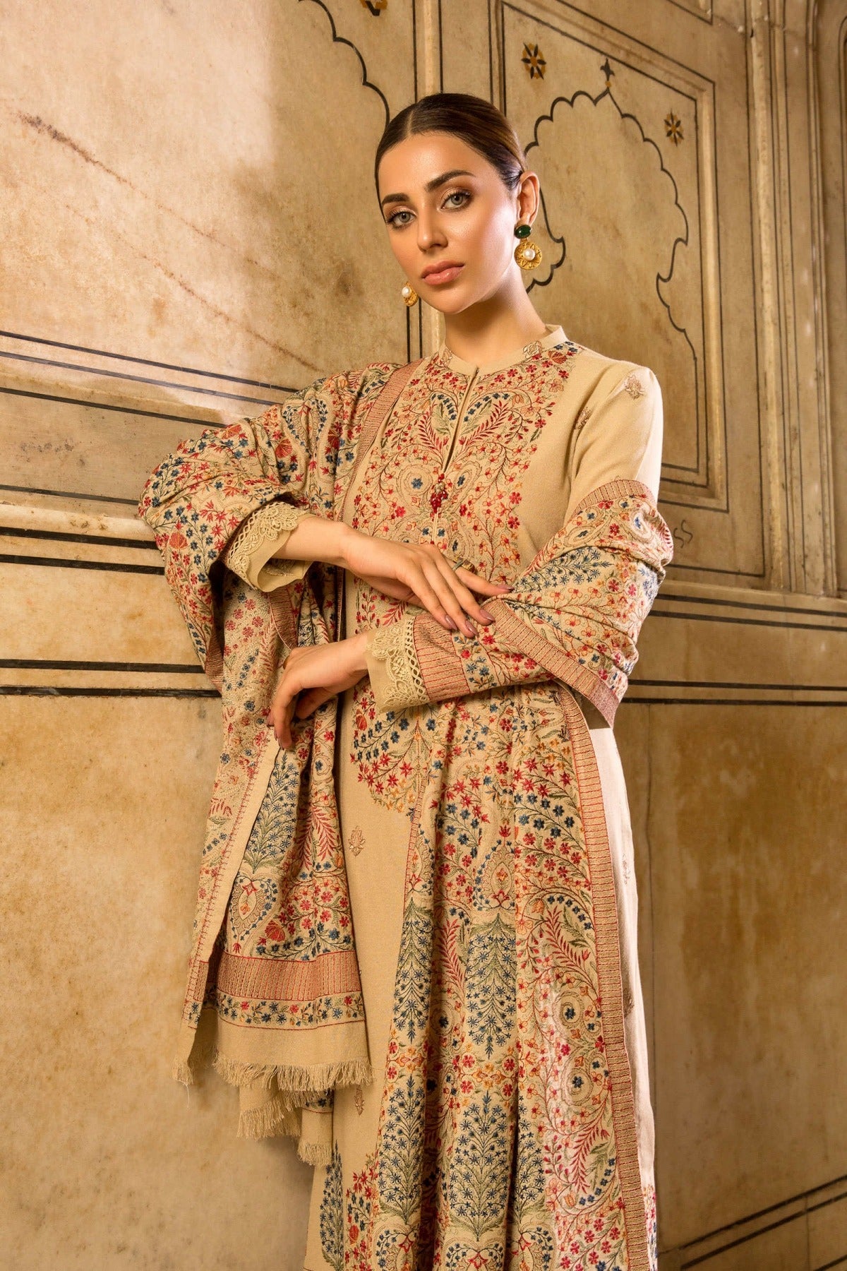 FULLY EMBROIDERED 3PC DHANAK DRESS WITH EMBROIDERED DHANAK SHAWL- ABH-28