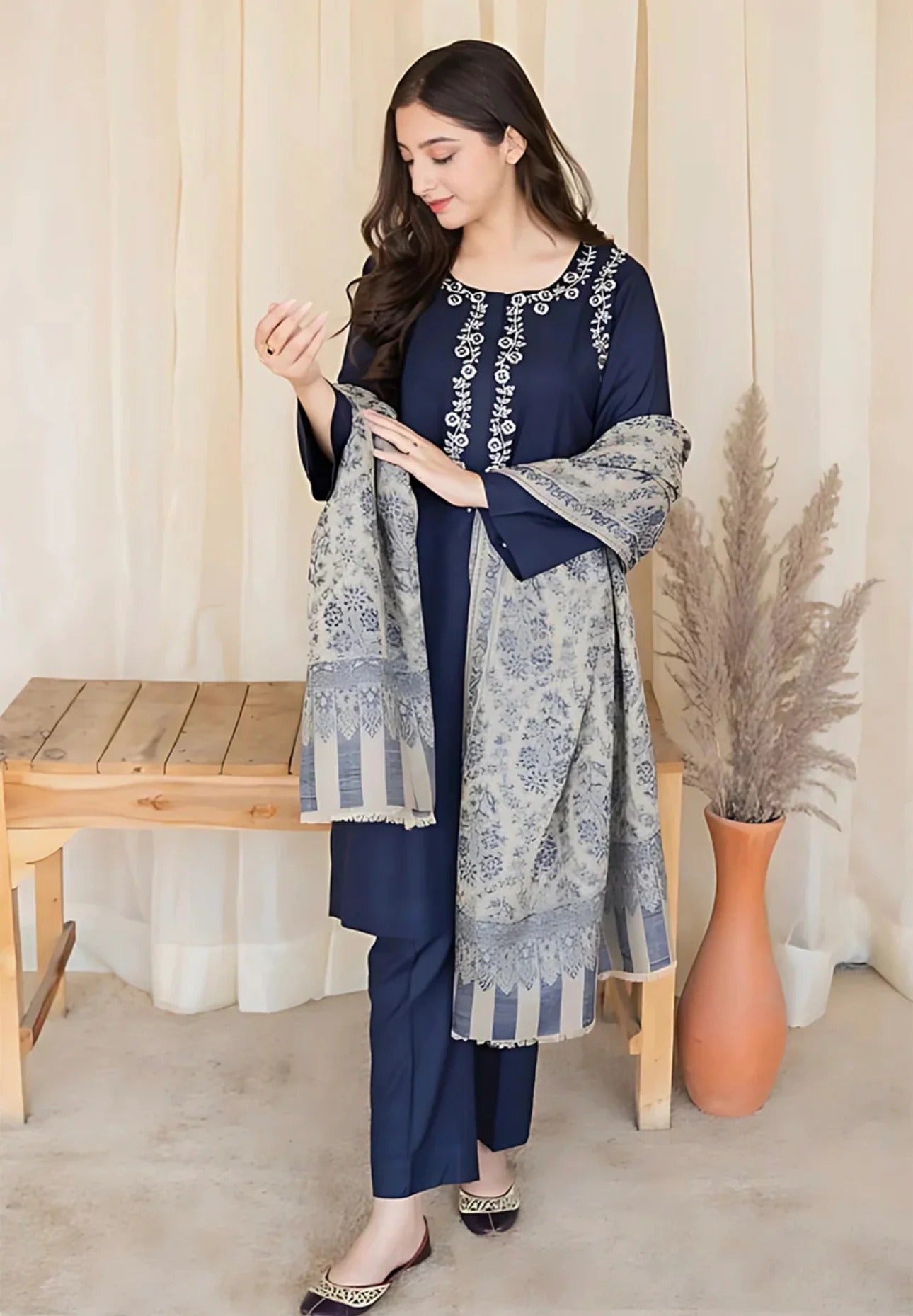 FULLY EMBROIDERED 3PC DHANAK DRESS WITH EMBROIDERED DHANAK SHAWL- ABH-48