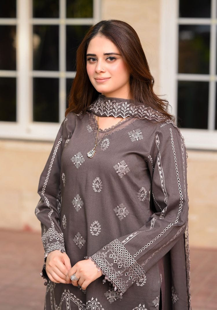 FULLY EMBROIDERED 3PC DHANAK DRESS WITH EMBROIDERED DHANAK SHAWL- ABH-66