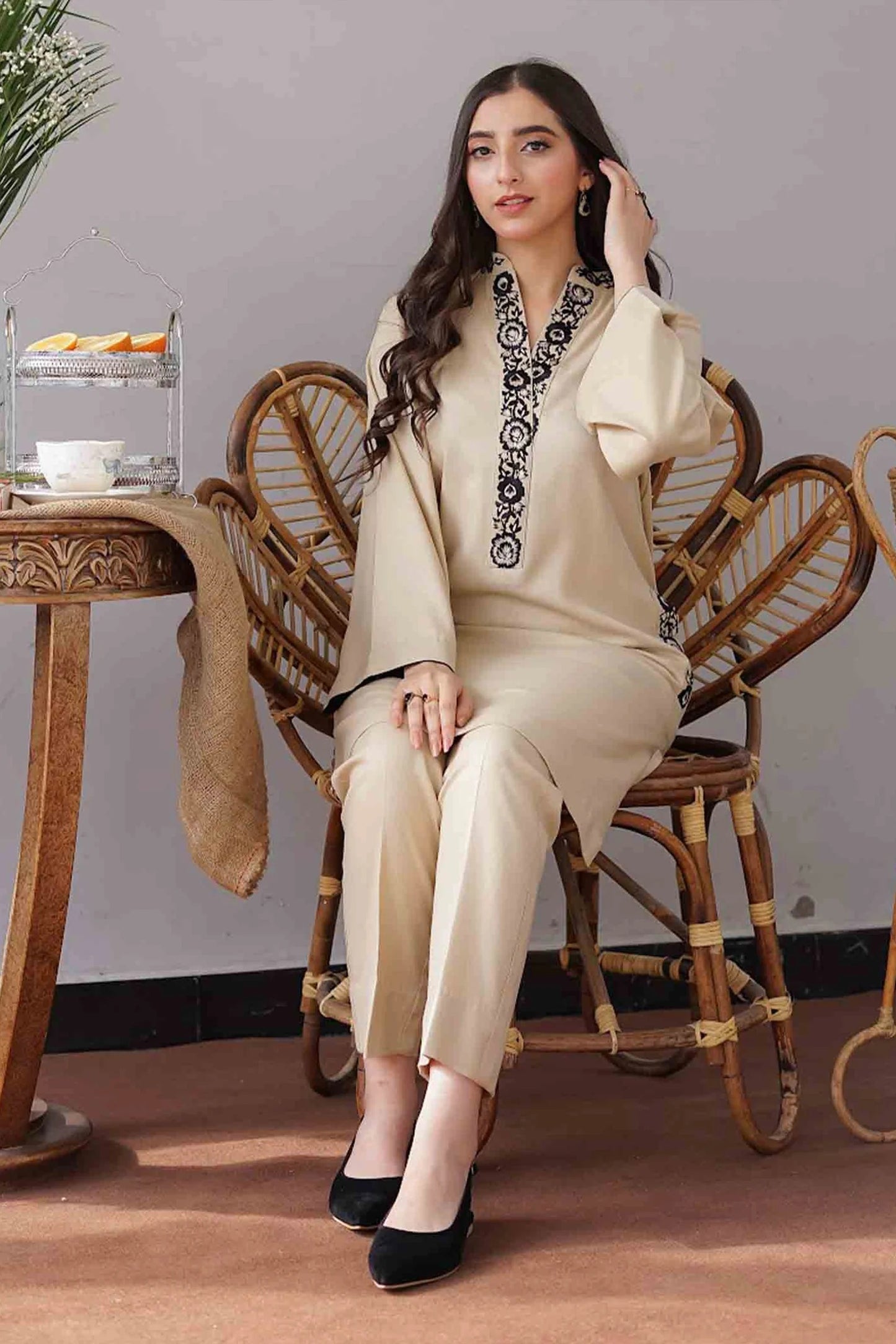 FULLY EMBROIDERED 3PC DHANAK DRESS WITH EMBROIDERED DHANAK SHAWL- ABH-34