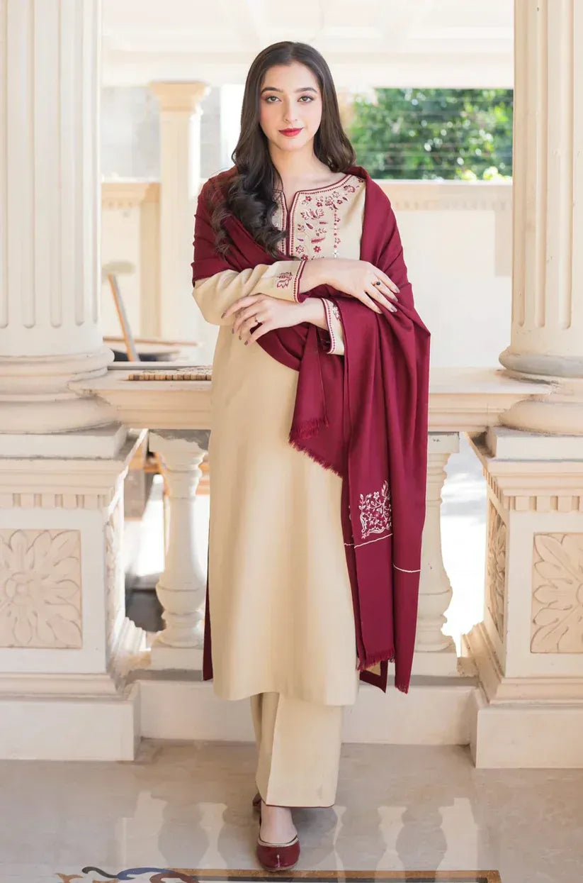 FULLY EMBROIDERED 3PC DHANAK DRESS WITH EMBROIDERED DHANAK SHAWL- ABH-44