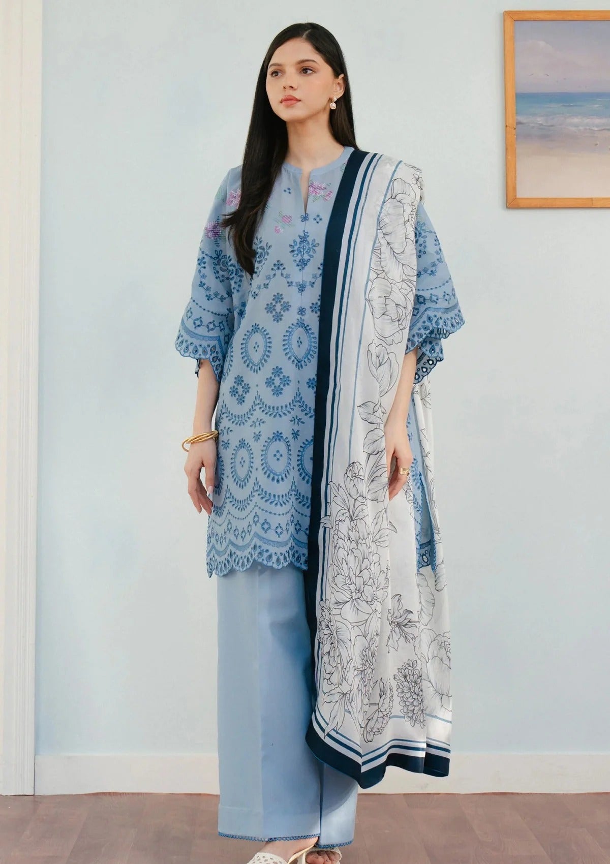 3PC LAWN EMBROIDERED DRESS WITH MONAR DUPATTA- ABH-09