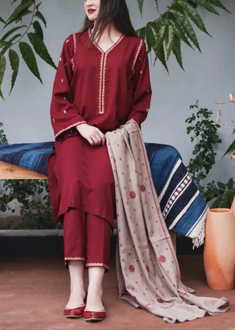 FULLY EMBROIDERED 3PC DHANAK DRESS WITH EMBROIDERED DHANAK SHAWL- ABH-45