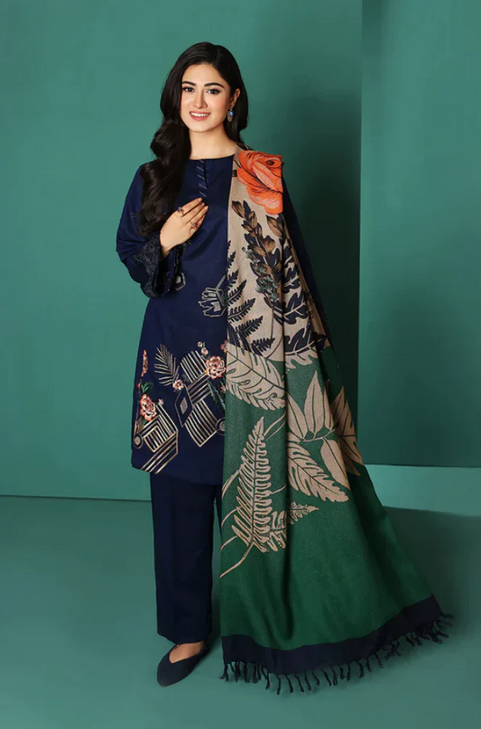 FULLY EMBROIDERED 3PC DHANAK DRESS WITH EMBROIDERED DHANAK SHAWL- ABH-60