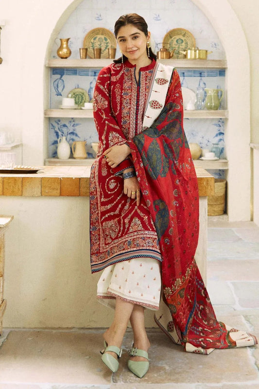 FULLY EMBROIDERED 3PC DHANAK DRESS WITH EMBROIDERED DHANAK SHAWL- ABH-37