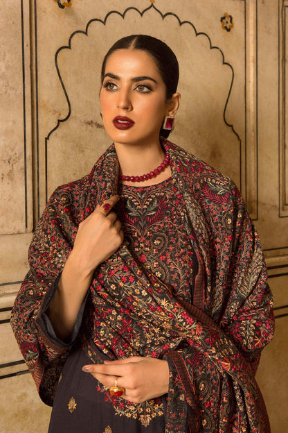 FULLY EMBROIDERED 3PC DHANAK DRESS WITH EMBROIDERED DHANAK SHAWL- ABH-29