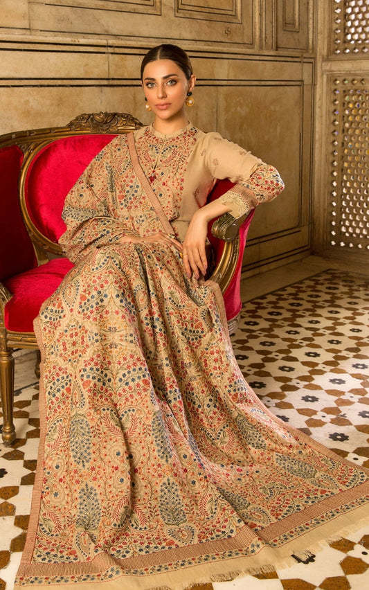 FULLY EMBROIDERED 3PC DHANAK DRESS WITH EMBROIDERED DHANAK SHAWL- ABH-28