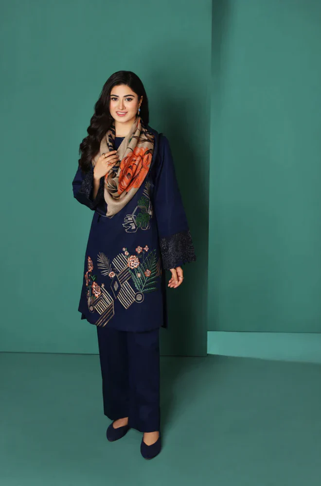 FULLY EMBROIDERED 3PC DHANAK DRESS WITH PRINTED WOOL SHAWL- ABH-27