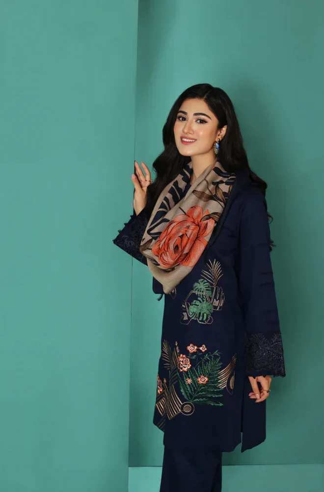 FULLY EMBROIDERED 3PC DHANAK DRESS WITH PRINTED WOOL SHAWL- ABH-27