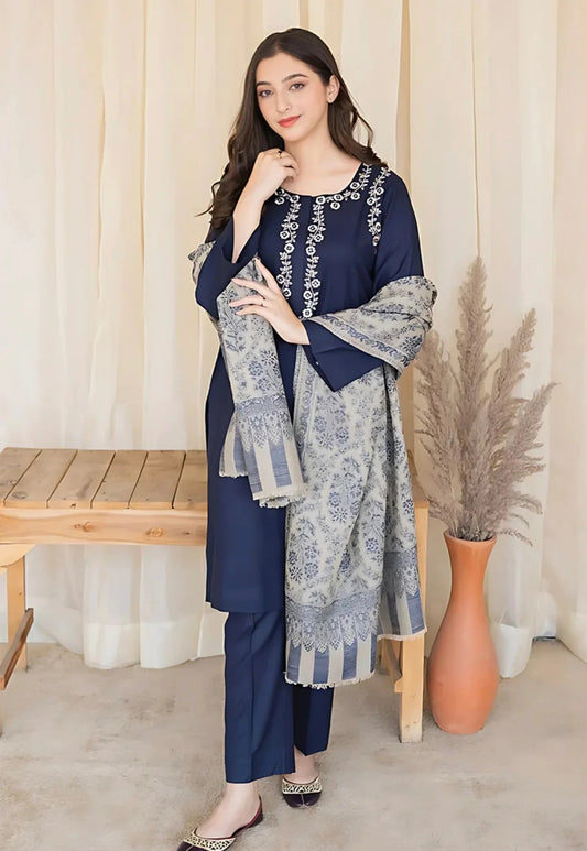 FULLY EMBROIDERED 3PC DHANAK DRESS WITH EMBROIDERED DHANAK SHAWL- ABH-48