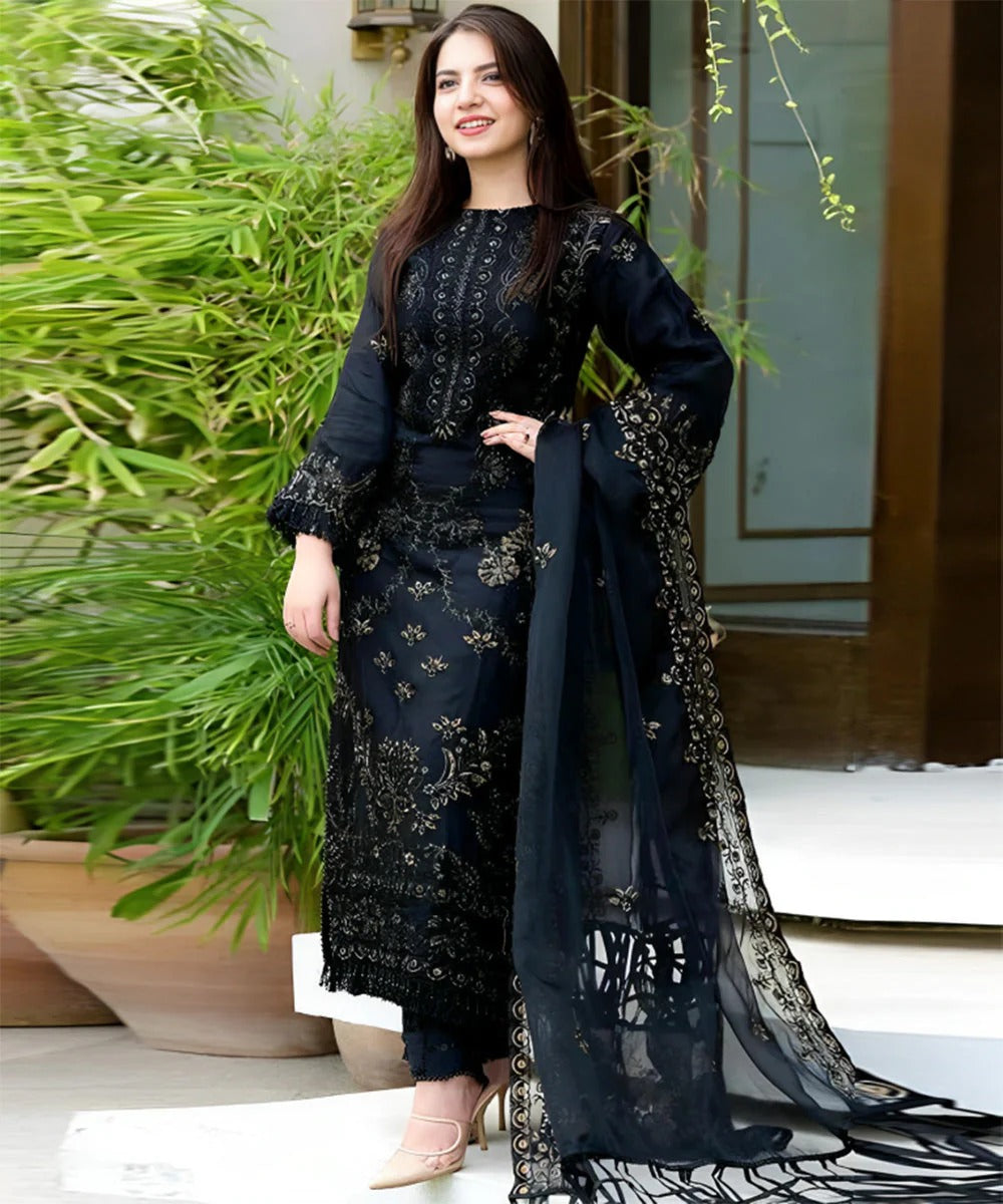 FULLY EMBROIDERED 3PC DHANAK DRESS WITH EMBROIDERED DHANAK SHAWL- ABH-52