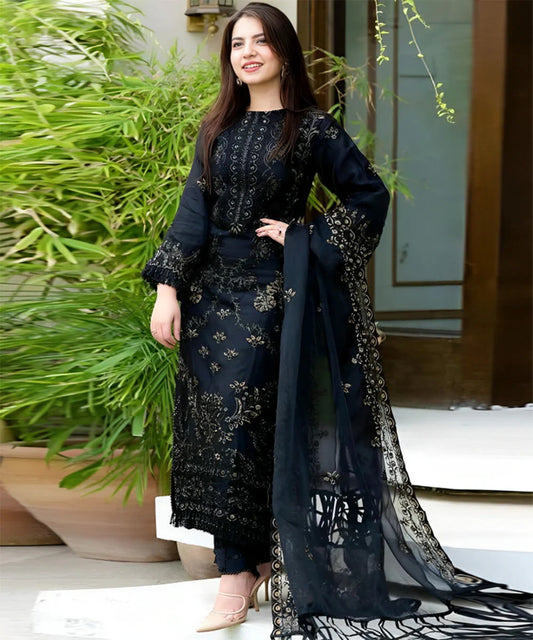 FULLY EMBROIDERED 3PC DHANAK DRESS WITH EMBROIDERED DHANAK SHAWL- ABH-52