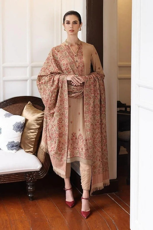 FULLY EMBROIDERED 3PC DHANAK DRESS WITH EMBROIDERED DHANAK SHAWL- ABH-50