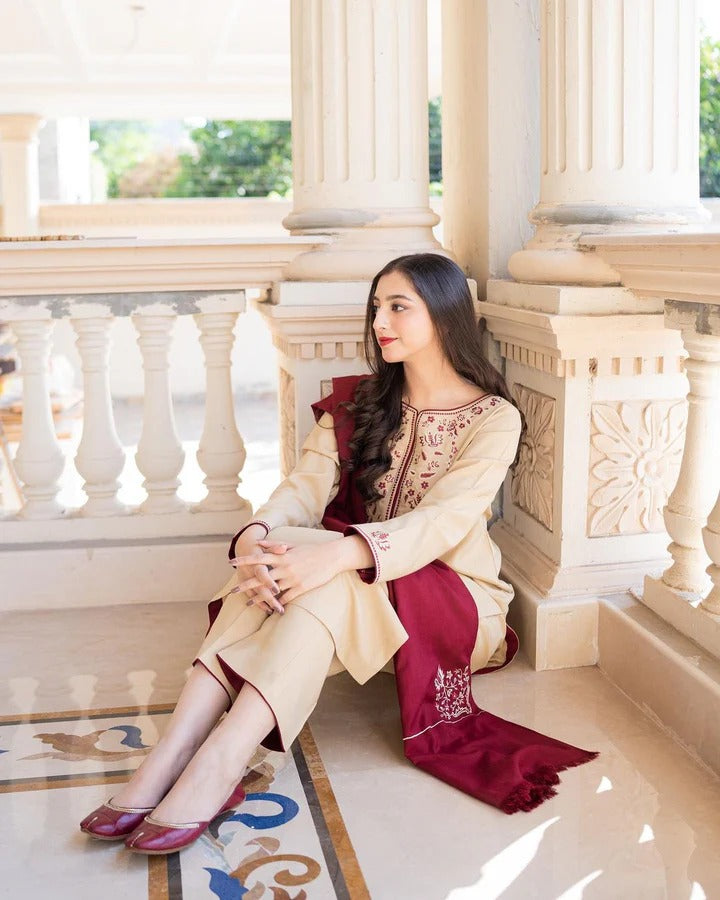 FULLY EMBROIDERED 3PC DHANAK DRESS WITH EMBROIDERED DHANAK SHAWL- ABH-44