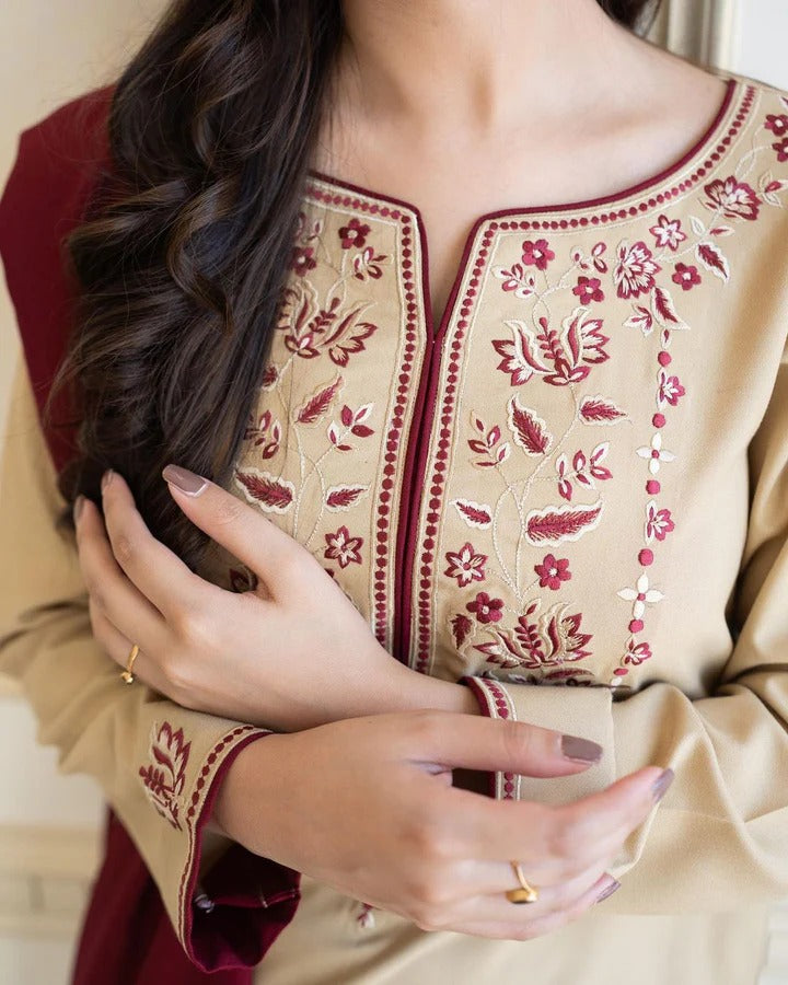 FULLY EMBROIDERED 3PC DHANAK DRESS WITH EMBROIDERED DHANAK SHAWL- ABH-44