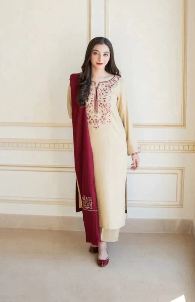 FULLY EMBROIDERED 3PC DHANAK DRESS WITH EMBROIDERED DHANAK SHAWL- ABH-44