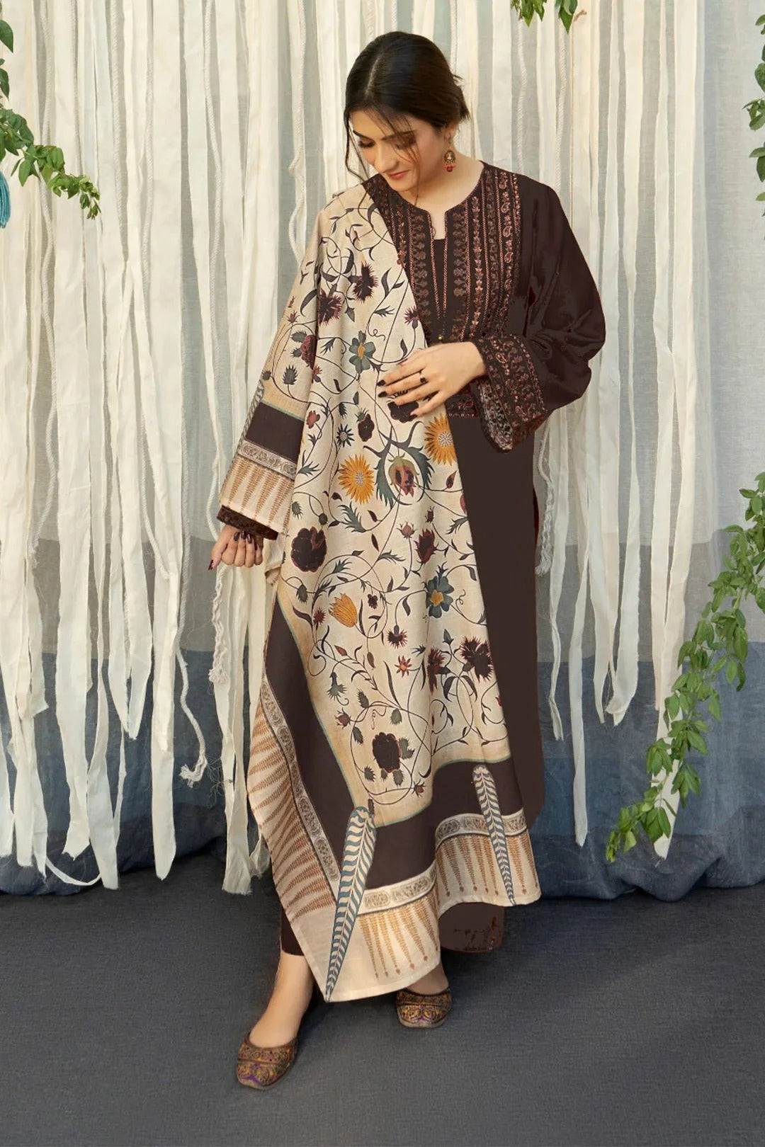 FULLY EMBROIDERED 3PC DHANAK DRESS WITH EMBROIDERED DHANAK SHAWL- ABH-33