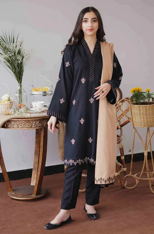 FULLY EMBROIDERED 3PC DHANAK DRESS WITH EMBROIDERED DHANAK SHAWL- ABH-46