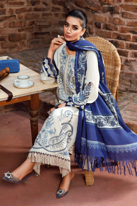 FULLY EMBROIDERED 3PC DHANAK DRESS WITH PRINTED WOOL SHAWL- ABH-23