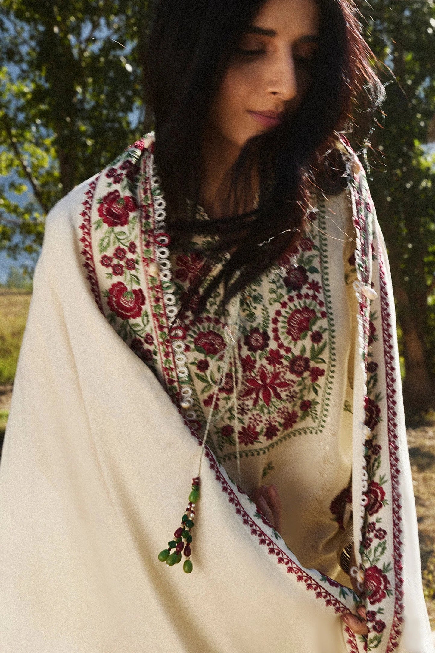 FULLY EMBROIDERED 3PC DHANAK DRESS WITH EMBROIDERED DHANAK SHAWL- ABH-62