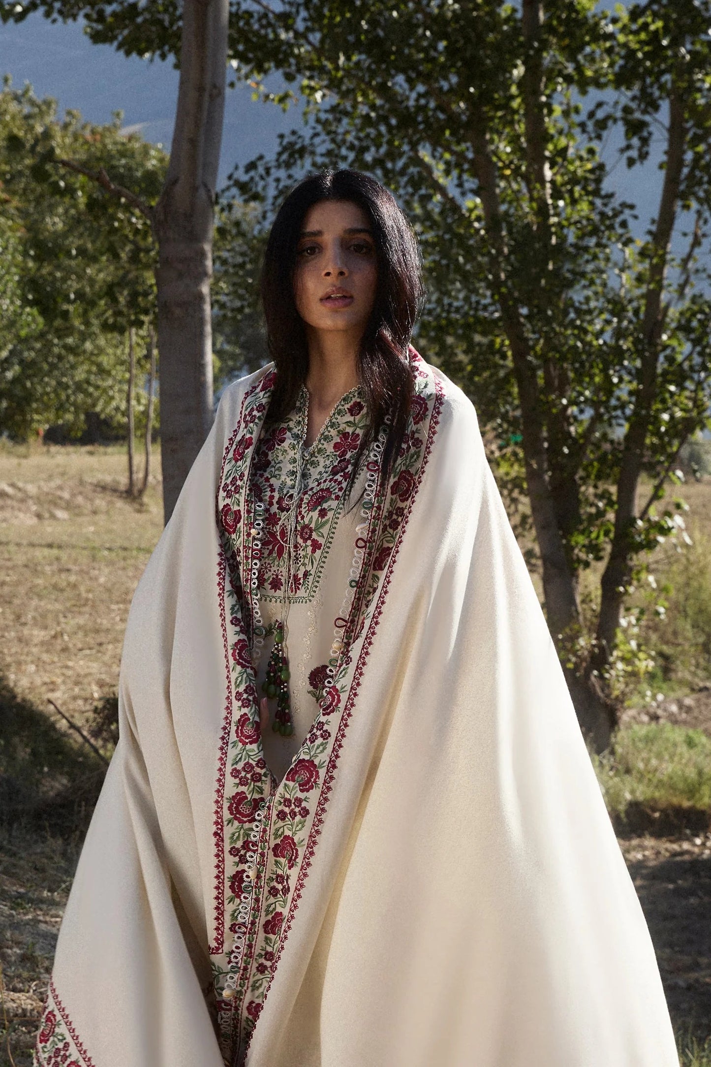 FULLY EMBROIDERED 3PC DHANAK DRESS WITH EMBROIDERED DHANAK SHAWL- ABH-62