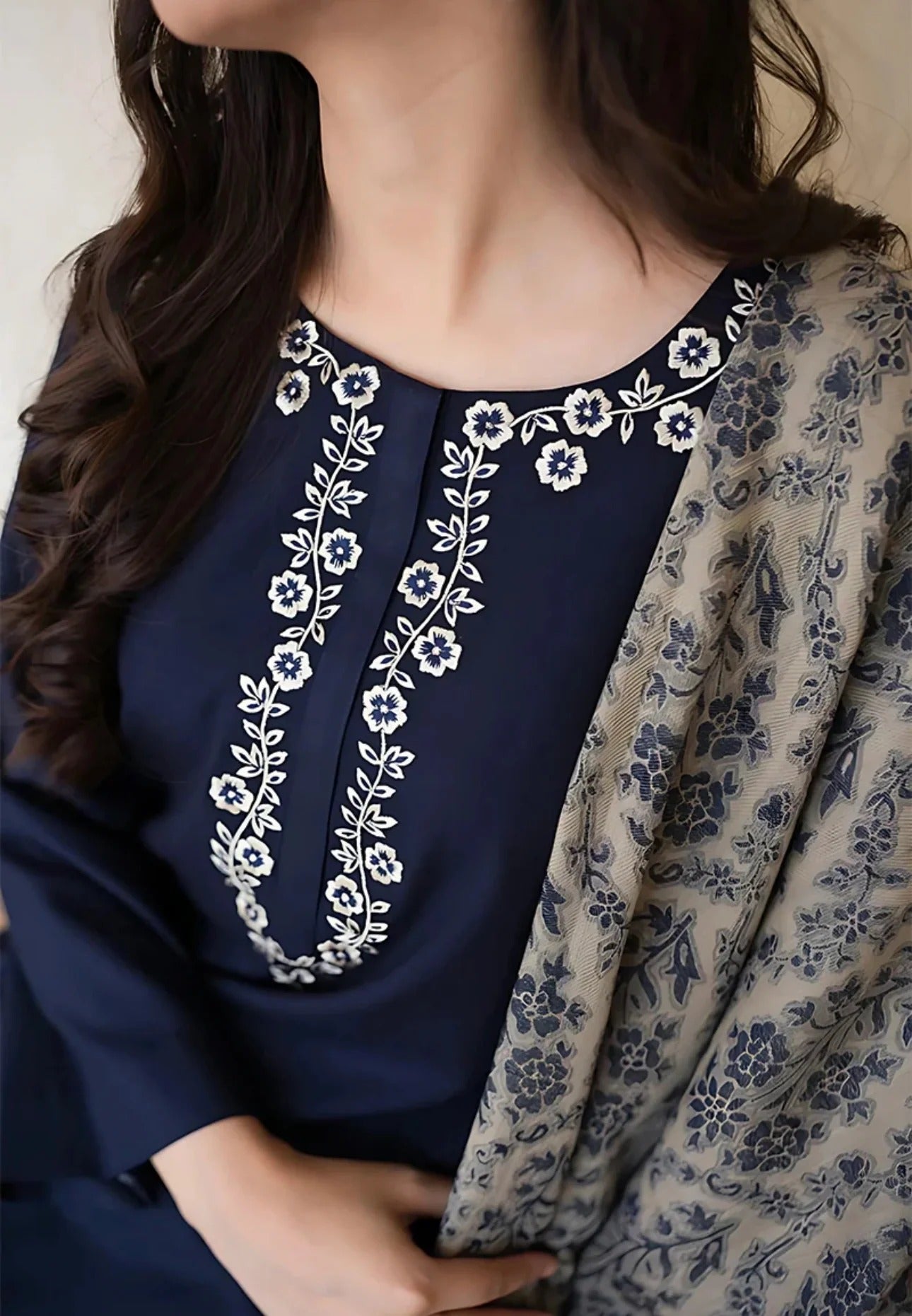 FULLY EMBROIDERED 3PC DHANAK DRESS WITH EMBROIDERED DHANAK SHAWL- ABH-48