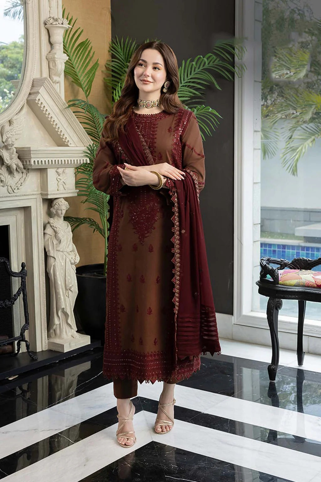 FULLY EMBROIDERED 3PC DHANAK DRESS WITH EMBROIDERED DHANAK SHAWL- ABH-38
