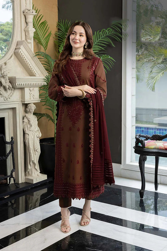 FULLY EMBROIDERED 3PC DHANAK DRESS WITH EMBROIDERED DHANAK SHAWL- ABH-38