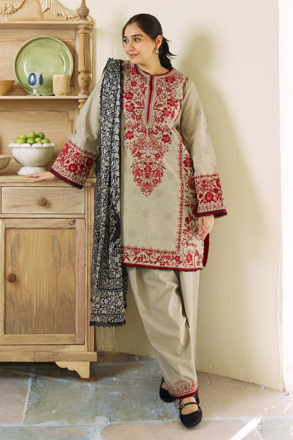 FULLY EMBROIDERED 3PC DHANAK DRESS WITH EMBROIDERED DHANAK SHAWL- ABH-59