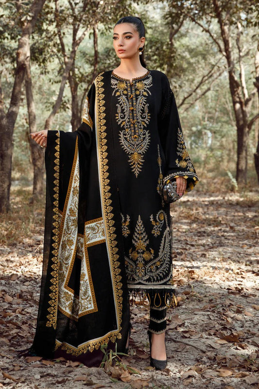 FULLY EMBROIDERED 3PC DHANAK DRESS WITH PRINTED WOOL SHAWL- ABH-24