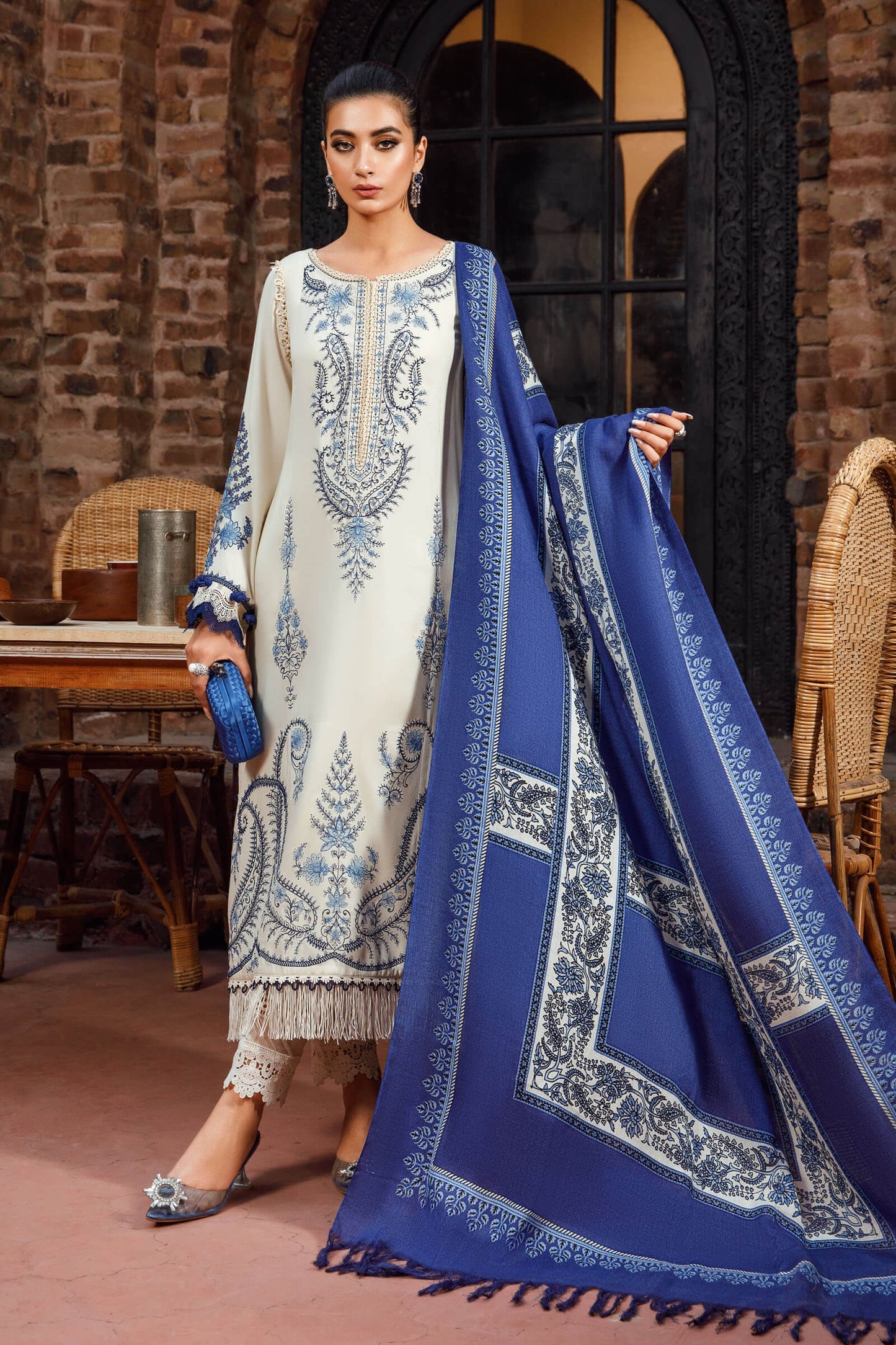FULLY EMBROIDERED 3PC DHANAK DRESS WITH PRINTED WOOL SHAWL- ABH-23