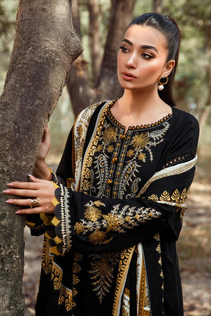 FULLY EMBROIDERED 3PC DHANAK DRESS WITH PRINTED WOOL SHAWL- ABH-24