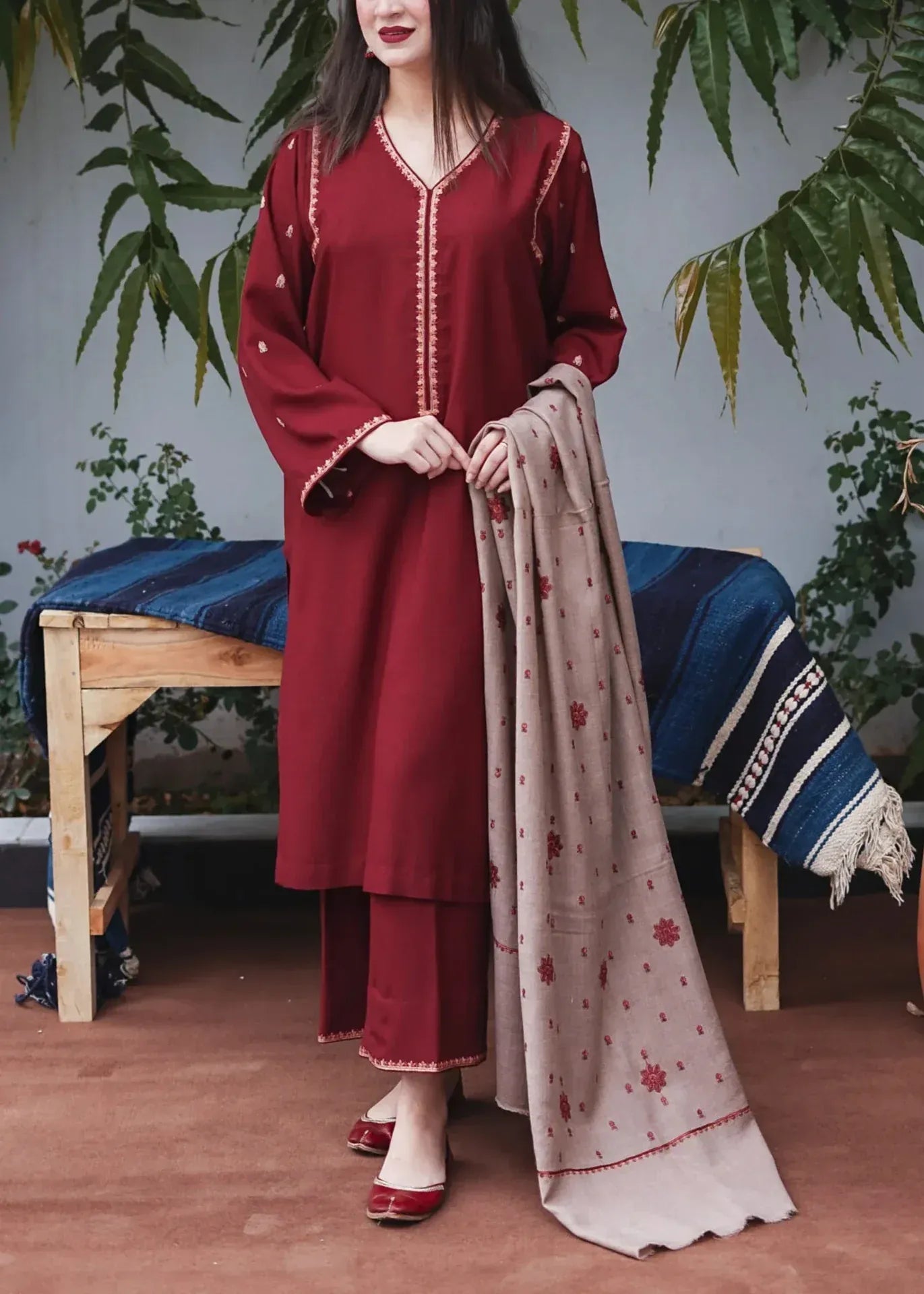 FULLY EMBROIDERED 3PC DHANAK DRESS WITH EMBROIDERED DHANAK SHAWL- ABH-45