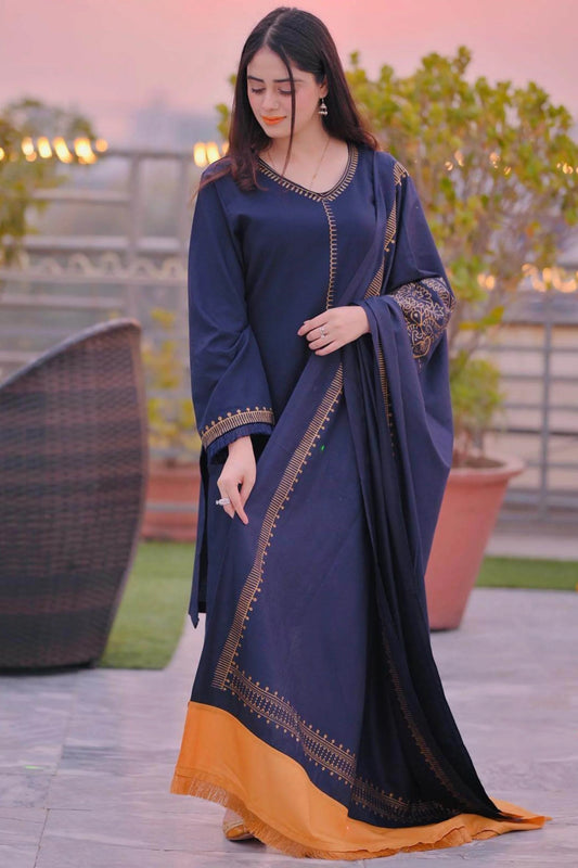 FULLY EMBROIDERED 3PC DHANAK DRESS WITH EMBROIDERED DHANAK SHAWL- ABH-49