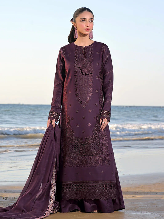 FULLY EMBROIDERED 3PC DHANAK DRESS WITH EMBROIDERED DHANAK SHAWL- ABH-58