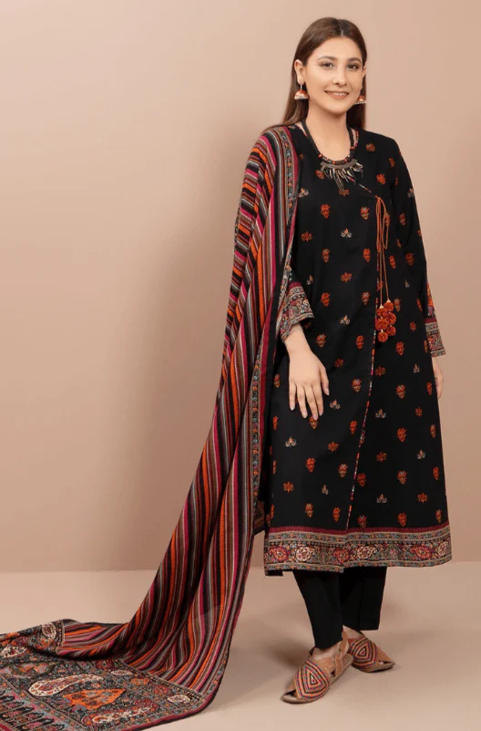 FULLY EMBROIDERED 3PC DHANAK DRESS WITH EMBROIDERED DHANAK SHAWL- ABH-61