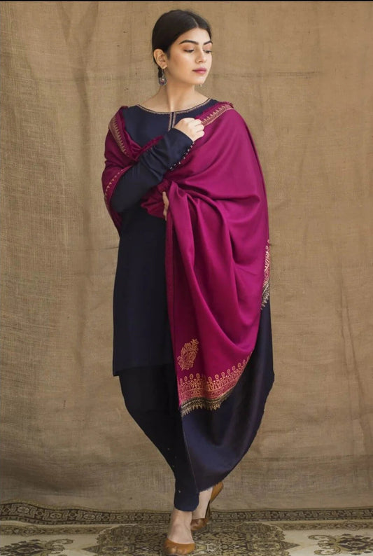 FULLY EMBROIDERED 3PC DHANAK DRESS WITH EMBROIDERED DHANAK SHAWL- ABH-56