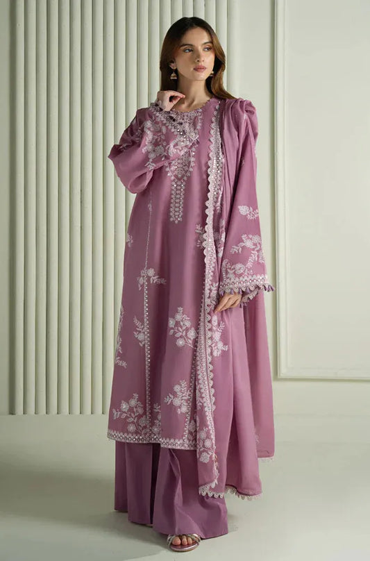 FULLY EMBROIDERED 3PC DHANAK DRESS WITH EMBROIDERED DHANAK SHAWL- ABH-64
