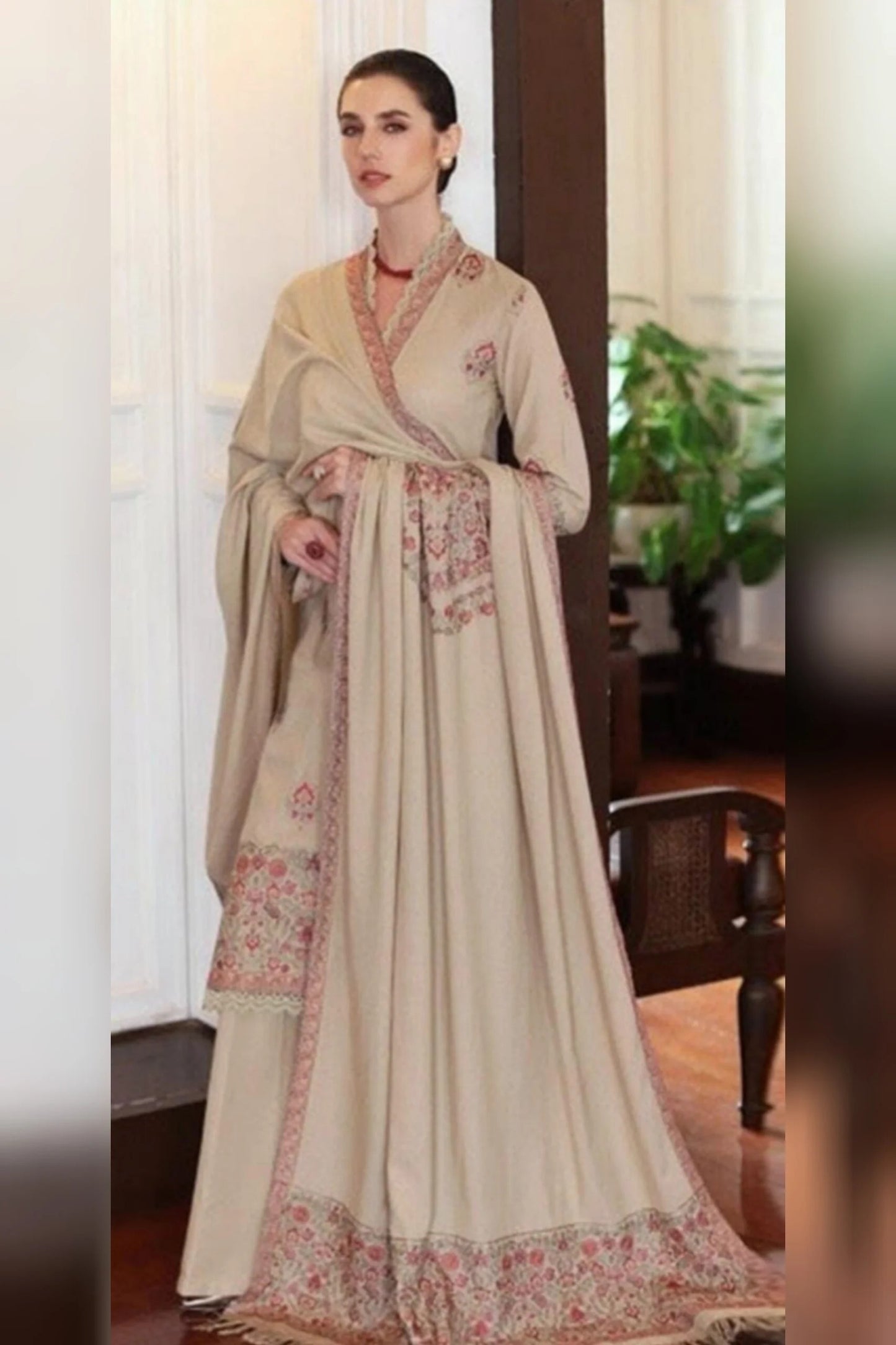 FULLY EMBROIDERED 3PC DHANAK DRESS WITH EMBROIDERED DHANAK SHAWL- ABH-40