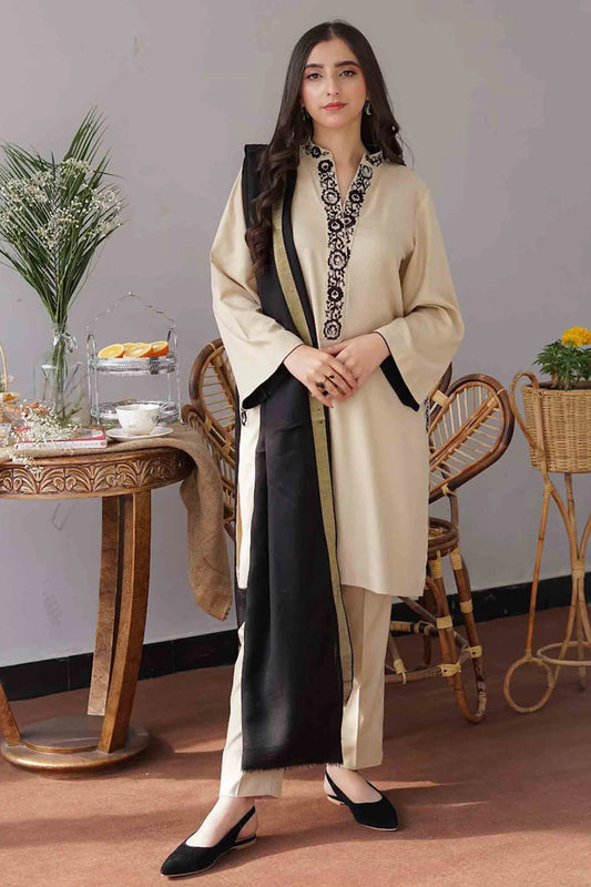 FULLY EMBROIDERED 3PC DHANAK DRESS WITH EMBROIDERED DHANAK SHAWL- ABH-34