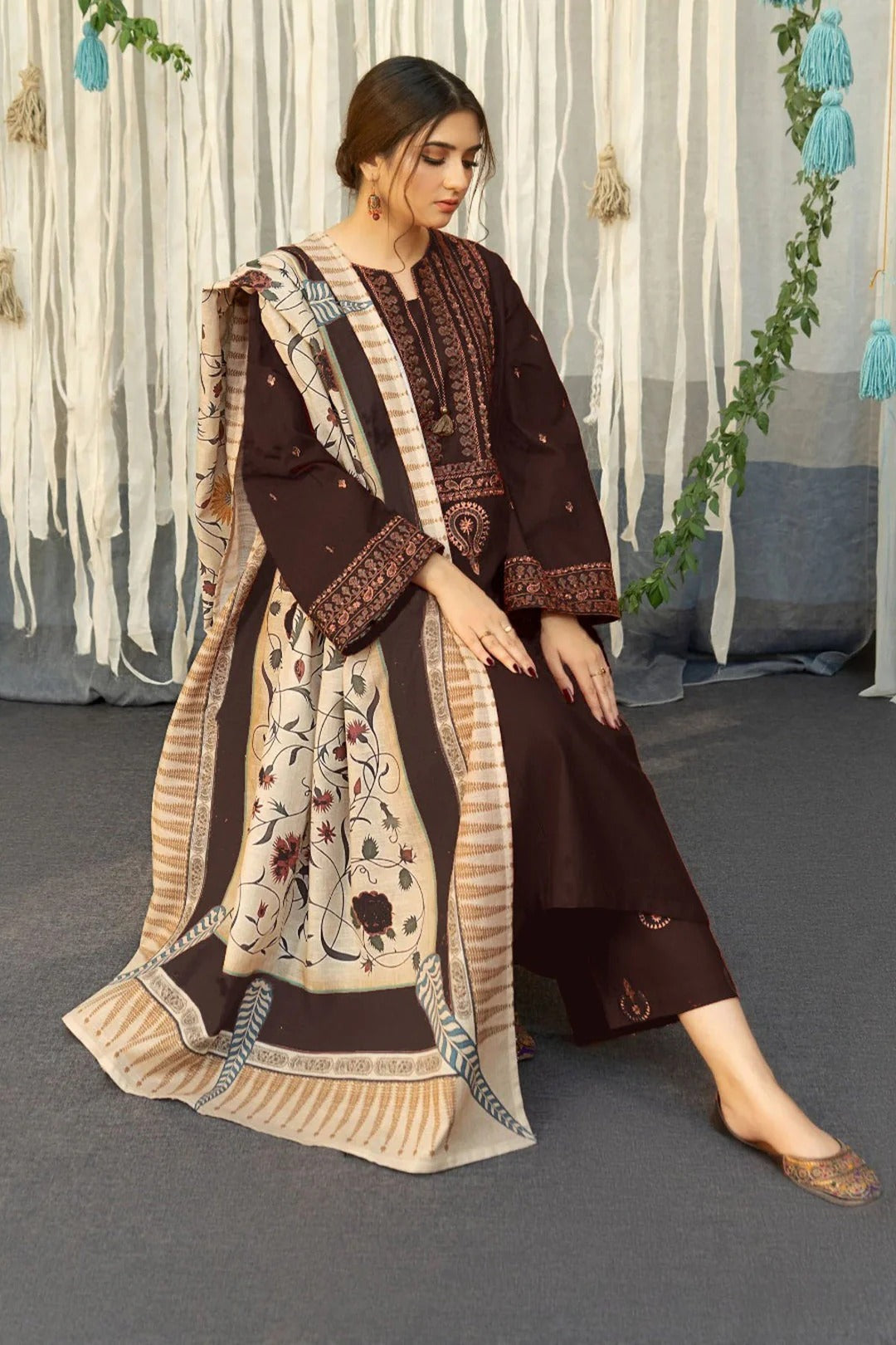 FULLY EMBROIDERED 3PC DHANAK DRESS WITH EMBROIDERED DHANAK SHAWL- ABH-33