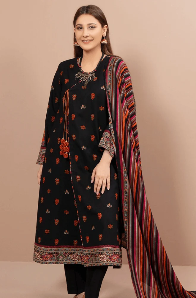 FULLY EMBROIDERED 3PC DHANAK DRESS WITH EMBROIDERED DHANAK SHAWL- ABH-61