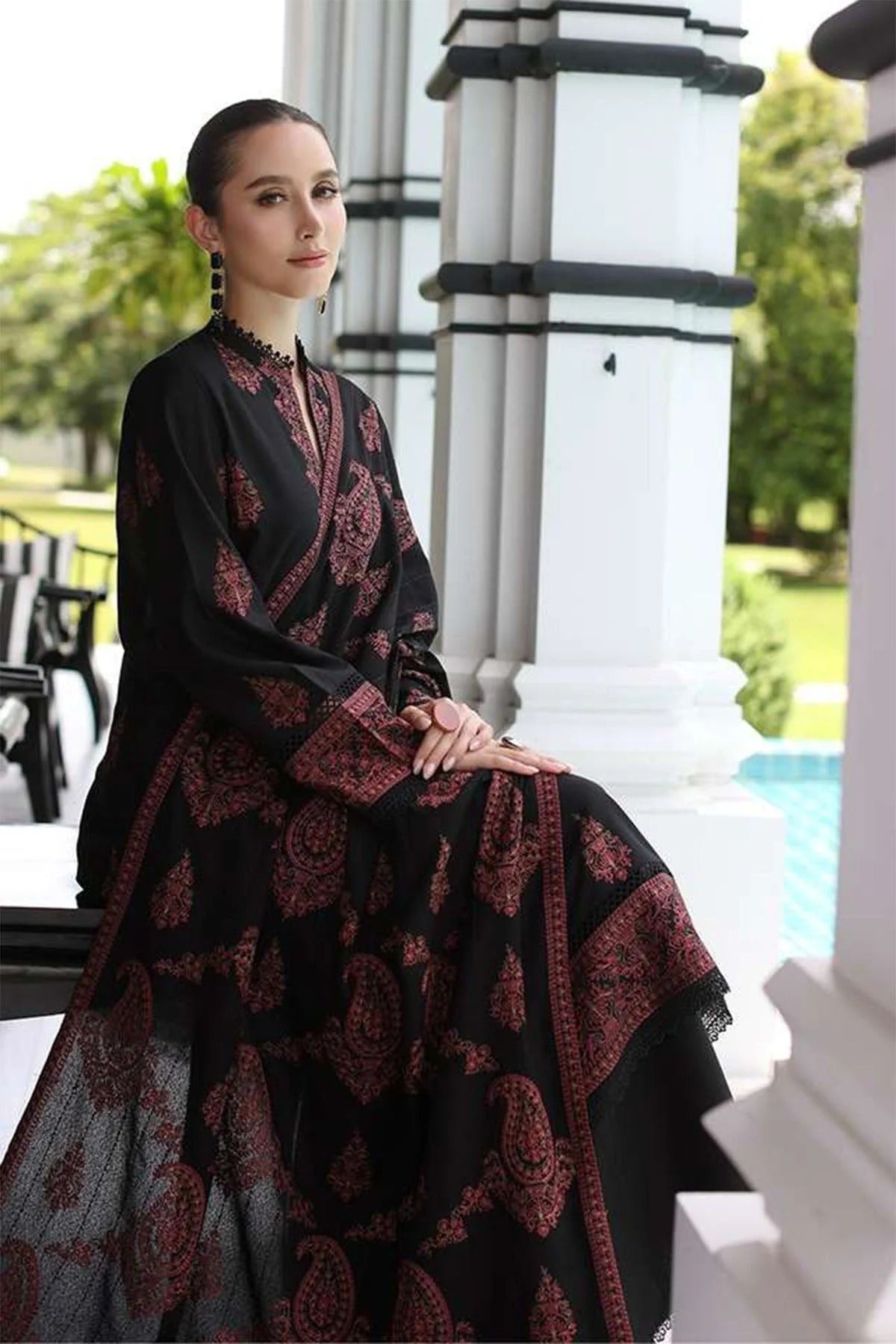 FULLY EMBROIDERED 3PC DHANAK DRESS WITH EMBROIDERED DHANAK SHAWL- ABH-67