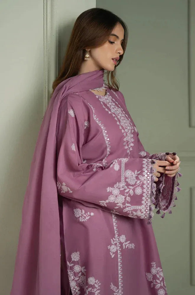 FULLY EMBROIDERED 3PC DHANAK DRESS WITH EMBROIDERED DHANAK SHAWL- ABH-64