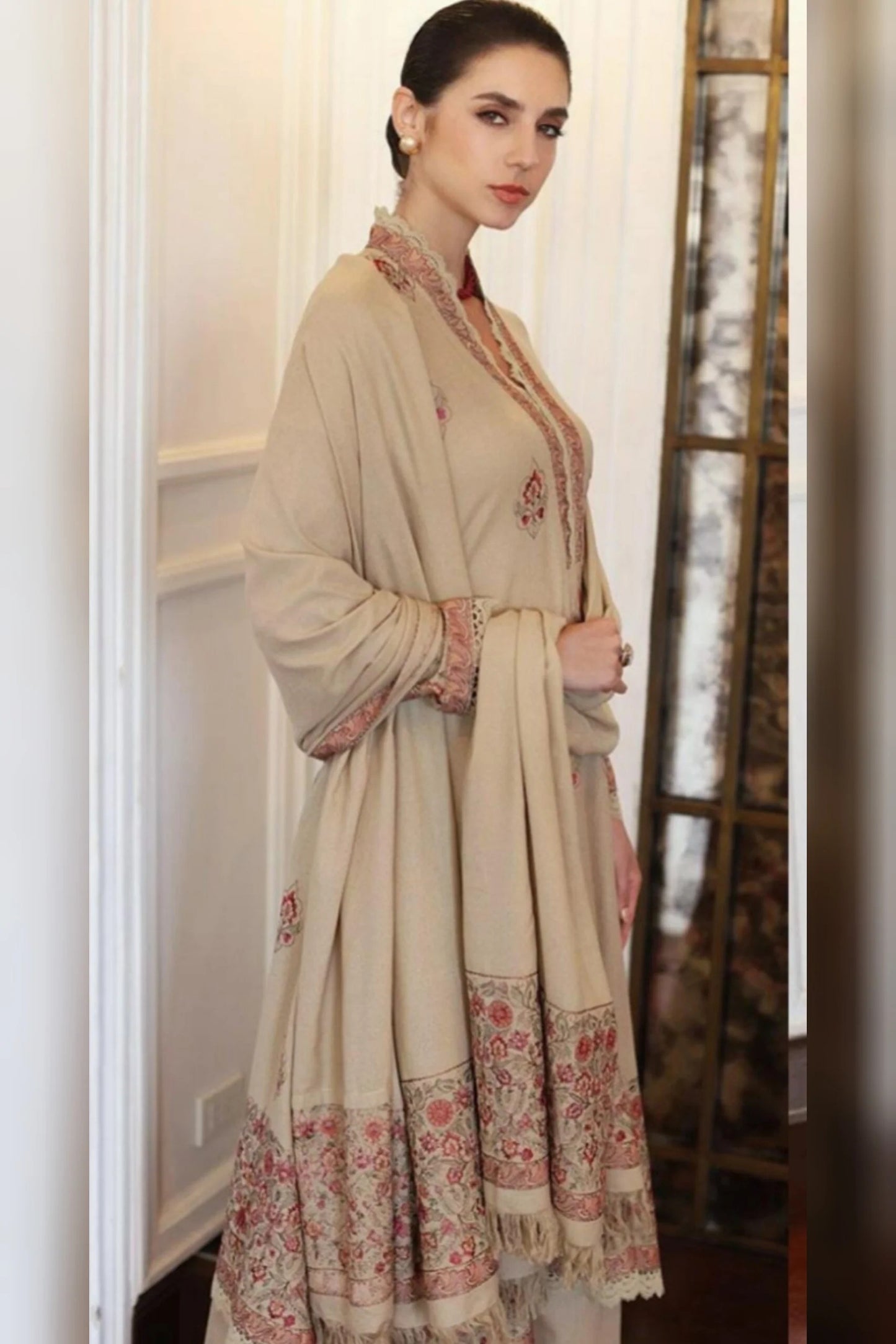 FULLY EMBROIDERED 3PC DHANAK DRESS WITH EMBROIDERED DHANAK SHAWL- ABH-40