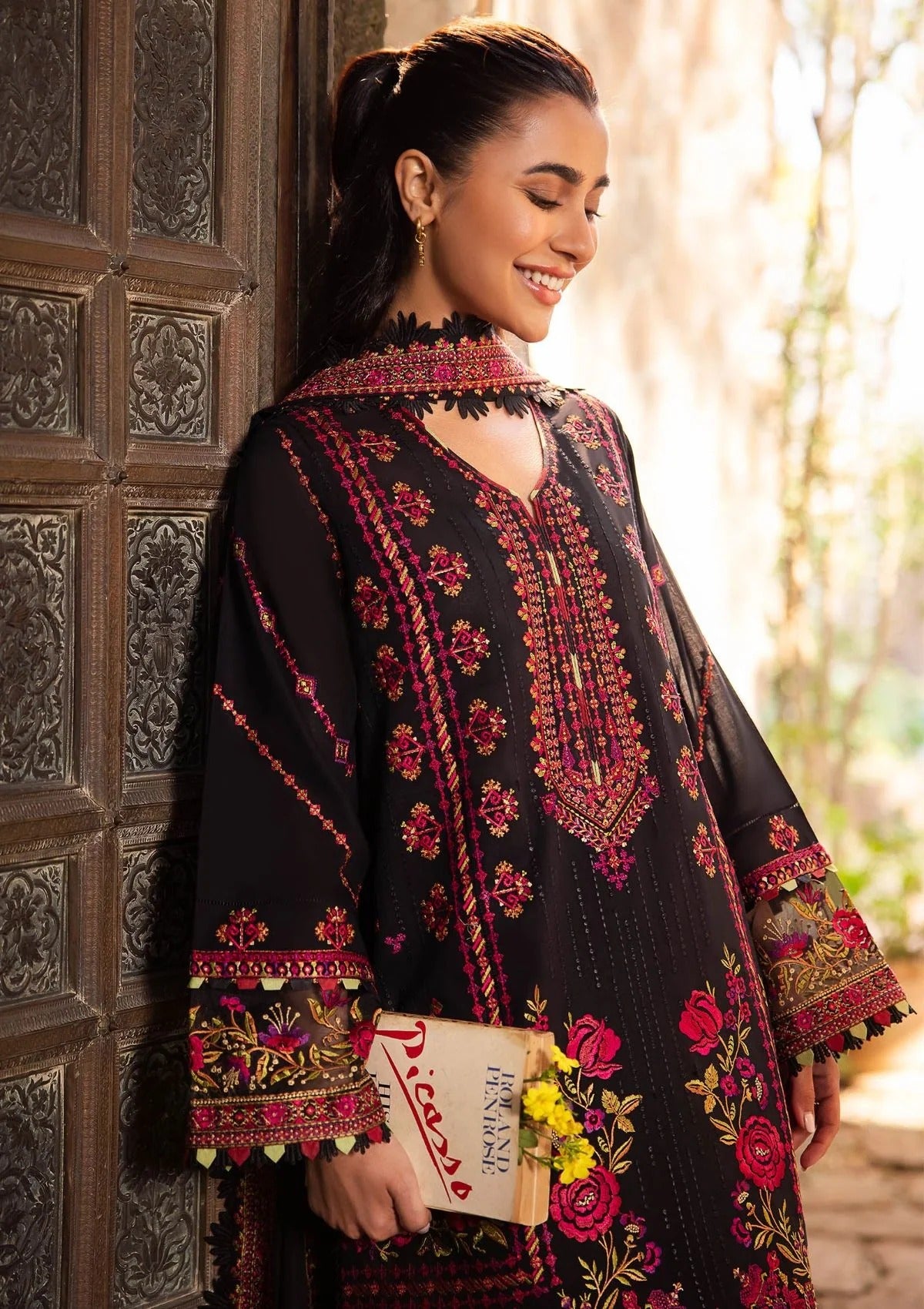 FULLY EMBROIDERED 3PC DHANAK DRESS WITH EMBROIDERED DHANAK SHAWL- ABH-30